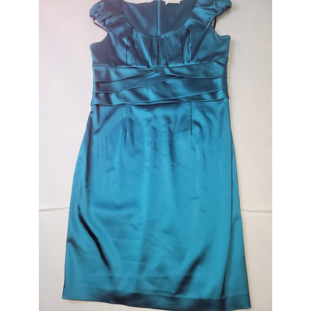 Calvin Klein Teal Blue Satin Pleated Ruched Empire Waist Cocktail Sheath Dress